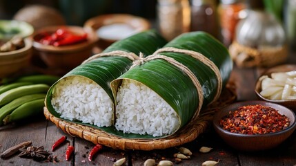 A banana leaf wrapped around a bundle of rice and spices, symbolizing traditional cooking methods in Southeast Asian cuisine.