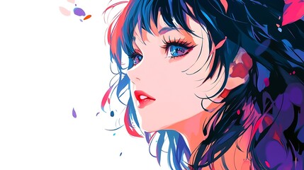 Wall Mural - Anime girl with blue eyes and red lips, digital art, portrait, illustration