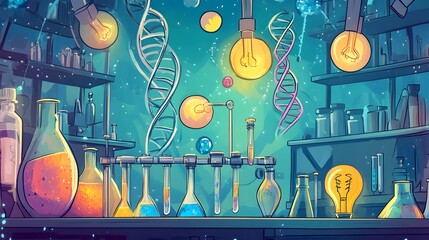 Poster - A laboratory setting with a light bulb, a DNA strand, and chemical flasks.