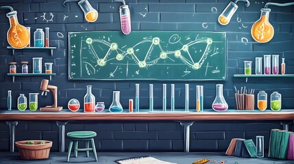 Poster - A whimsical laboratory setting with various glass beakers, jars, and test tubes, filled with colorful liquids, set against a brick wall, with a chalkboard depicting a scientific diagram.