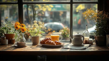 Cozy Cafe Window with Breakfast and Fresh Flowers