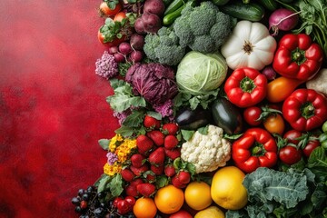 Wall Mural - Vibrant Harvest: A Colorful Display of Fresh Fruits and Vegetables on a Red Table