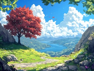 Poster - Fantasy landscape with red tree, lake, mountains, and blue sky with fluffy clouds