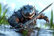 © Sanchai - A crocodile warrior in thick, spiked armor, emerging from the swamp with a jagged sword, ready to attack in the thick of battle