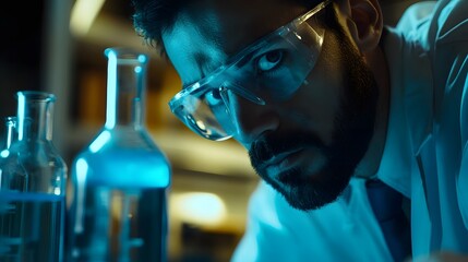 Poster - A Close-Up of a Scientist Wearing Safety Glasses in a Lab with Blue Light