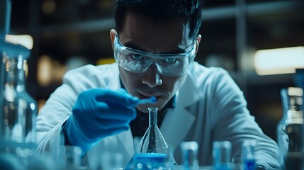 Poster - A scientist wearing safety goggles carefully examining a blue liquid in a flask.