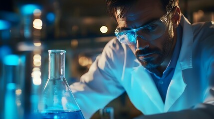 Poster - A Scientist in a Lab Coat Looking at a Flask with Blue Liquid