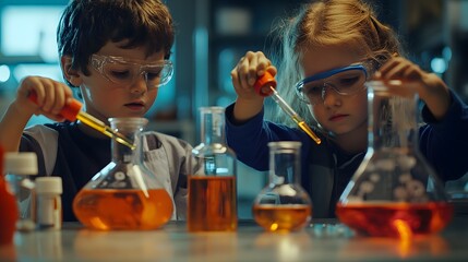 Poster - Two Young Scientists Performing a Chemistry Experiment with Beakers and Pipettes