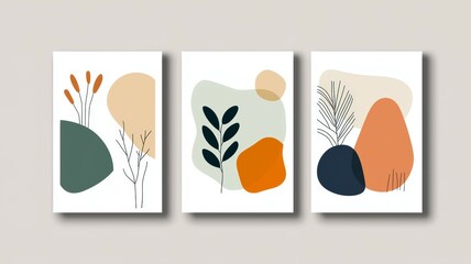 Wall Mural - Three abstract paintings of nature with a rock in the middle