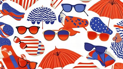 A colorful pattern of sunglasses and umbrellas in red, white, and blue.