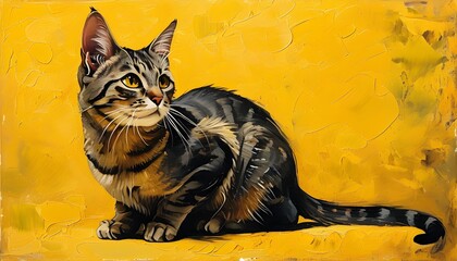 Contemporary feline artwork featuring vibrant yellow backdrop