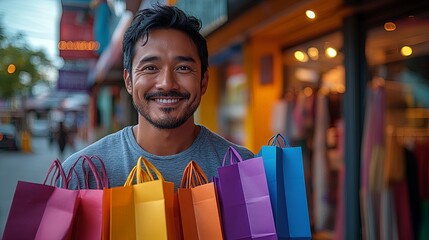 Happy Shopper with Colorful Bags in Urban Setting