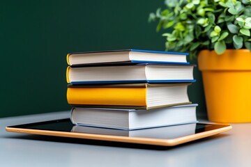 A digital bookshelf on a tablet, filled with e-books, representing the modern shift from physical to digital reading