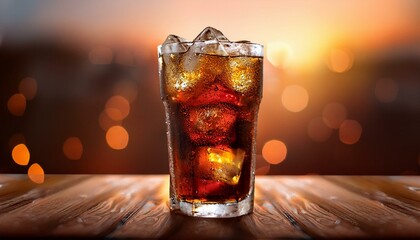 Wall Mural - A high-angle shot of a refreshing glass of cola filled with ice cubes, condensation forming