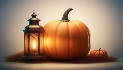  A large, round pumpkin with a modern lantern in the foreground, softly lit, with the backgro 