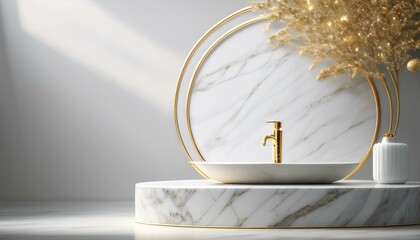 Wall Mural - A marble drinking fountain with golden details, set against a whitewashed wall. The backgrou