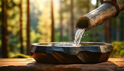 A simple, rustic drinking fountain made from wood, with water trickling down into a stone ba