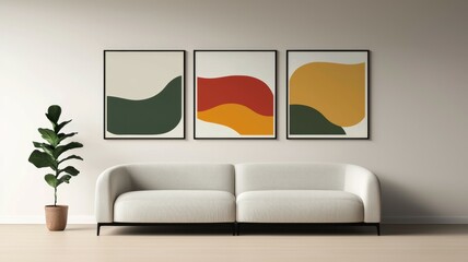 Three abstract paintings are hanging on a white wall above a white couch