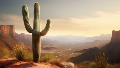 Wall Mural - A single saguaro cactus standing tall in front of a distant canyon, with muted earthy tones