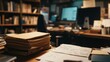 © sutus - A busy office scene with a notebook on a document shelf, papers scattered around, and a computer in the background.