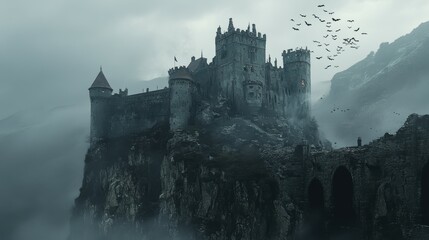 Dracula castle perched on a cliff with bats swarming around its towers. 3D illustration