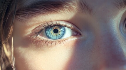 A close-up of striking blue eyes glistening in natural sunlight, with long lashes framing the gaze against a softly blurred background.