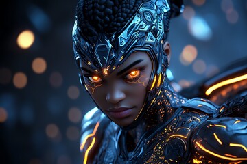 A digital portrait of a character with glowing eyes, wearing futuristic armor with intricate designs and glowing tech details