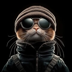 A quirky cat with stylish glasses and a fashionable hat poses confidently against a dark backdrop, showcasing its unique personality in a creative way