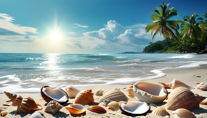 Tropical paradise featuring seashells on sandy beach, swaying palm trees, refreshing coconuts, stunning sea view, and bright sunlit sky