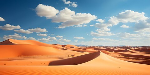 A vast desert landscape featuring rolling sand dunes under a blue sky with clouds.