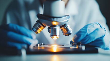 Poster - Close-up of a Microscope Lens with a Glowing Stage and Gloved Hands