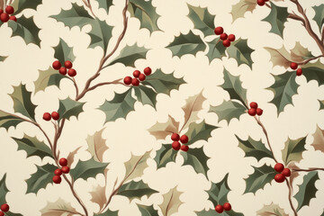 Lush holly leaves and red berries create festive pattern on light background.