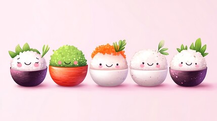 Wall Mural - Cute Cartoon Sushi Characters, Food Illustration, Kawaii Sushi, Japanese Food