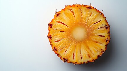 Sliced pineapple ring fibrous texture natural juiciness captured high detail using soft natural light making appear fresh and true to life Scientific name Ananas comosus Isolated on a white background