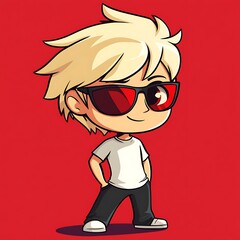 Wall Mural - Cute chibi character illustration,  Blond boy with sunglasses on red background