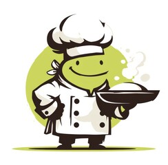 Wall Mural - Chef Logo with Steam Rising from a Platter in Simple Green and Black Lines on a White Background