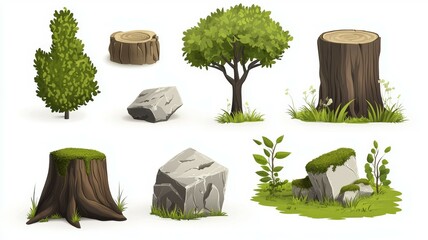 Wall Mural - A set of natural elements including a tree stump, a rock, and a log