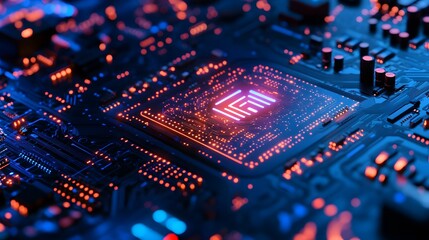 Poster - Illuminated Motherboard with Glowing Circuitry and a Neon Symbol