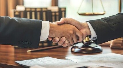 Poster - A professional lawyer shaking hands with a client over a desk filled with legal documents, a gavel, and law books in the background, symbolizing justice and trust.
