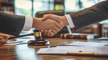 Poster - A professional lawyer shaking hands with a client over a desk filled with legal documents, a gavel, and law books in the background, symbolizing justice and trust.