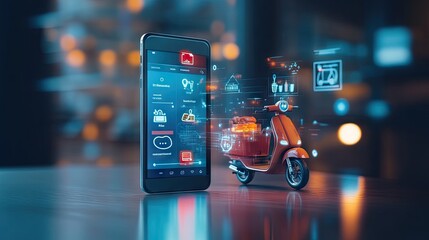 Poster - A smartphone showing a food delivery app with an active order, and a scooter icon in motion, symbolizing quick delivery to home and office.