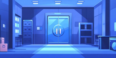 Sticker - Blue elevator hallway in an office building, cartoon illustration