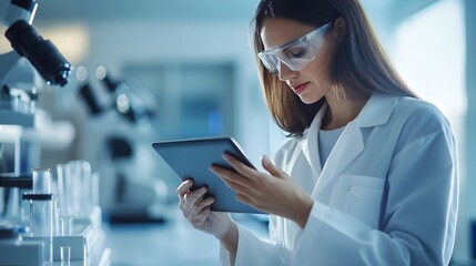 Poster - A female scientist in a lab coat using a tablet