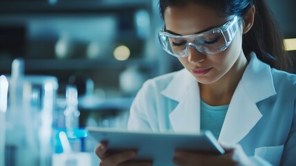 Poster - Woman in a lab coat wearing safety glasses, using a tablet computer.