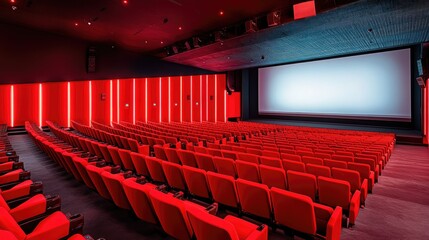 Wall Mural - A spacious cinema with bright red seats, all facing a large, white blank screen, waiting for the lights to dim.