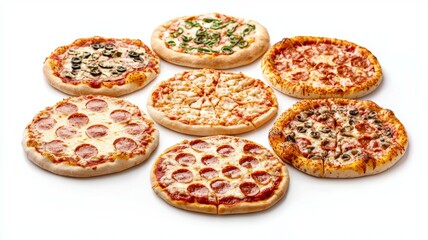 A row of pizzas with different toppings, including pepperoni, mushroom