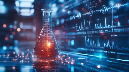 Poster - A Glass Erlenmeyer Flask Filled With Red Liquid Sitting in Front of a Screen Displaying Blue Data and Graphs