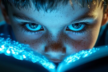 Poster - A hyper-realistic image of a childâ€™s focused face, with intense concentration as they read a book, showing every fine detail in their expression