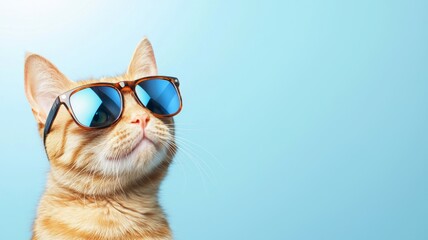 A cat wearing sunglasses and looking at the camera