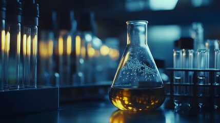 Poster - A Glass Flask Filled with Yellow Liquid in a Laboratory Setting